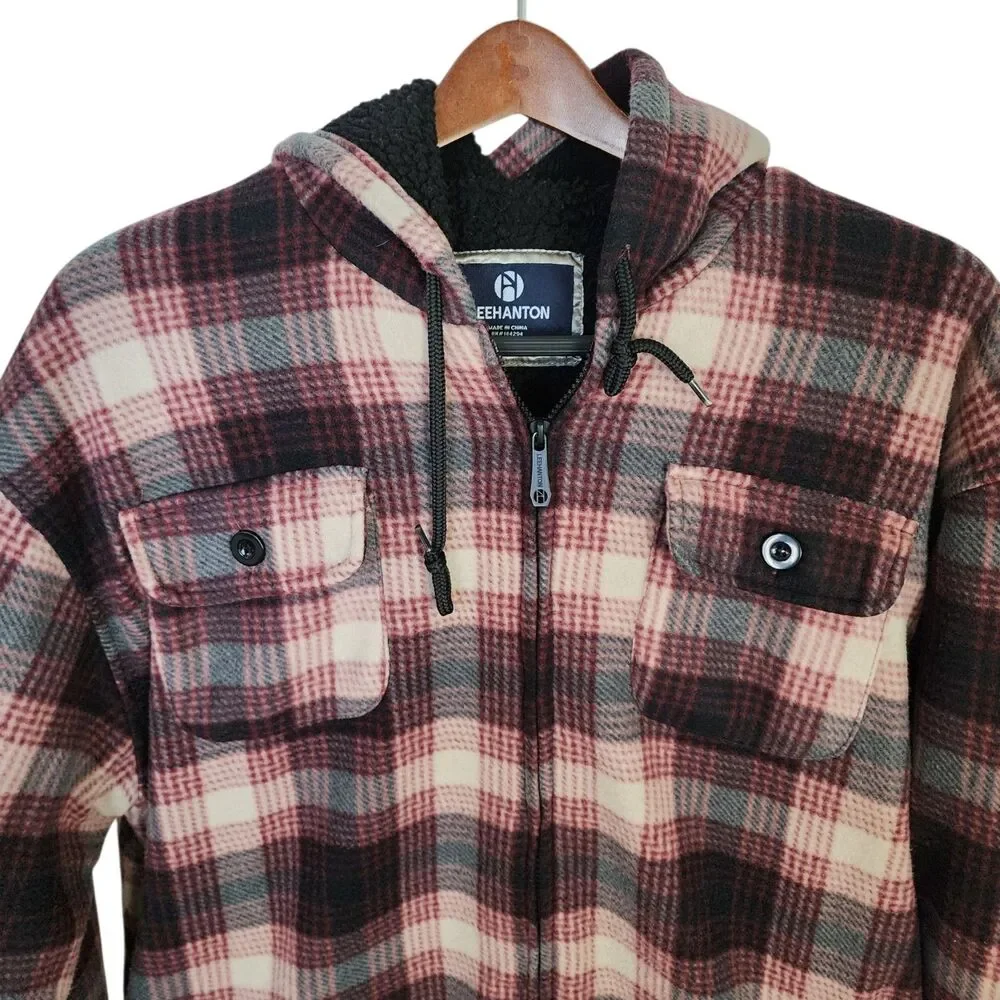 Leehanton Plaid Hooded Flannel Jacket Zip Up Sherpa Lined Red Black Men's 2XL